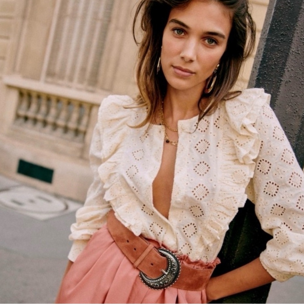 Sezane Cream Eyelet Ruffle Blouse 36/4